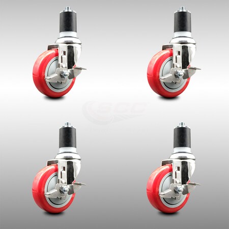 Service Caster 4 Inch 316SS Red Poly Swivel 1-3/4 Inch Expanding Stem Caster Set Brake SCC SCC-SS316EX20S414-PPUB-RED-TLB-134-4